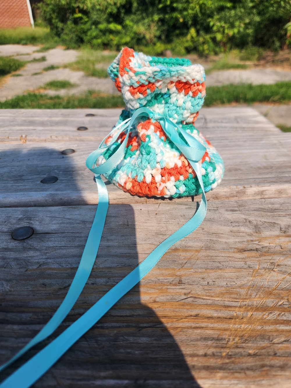 Handmade Crochet Baby Booties in Teal, Orange & White with Ribbon
